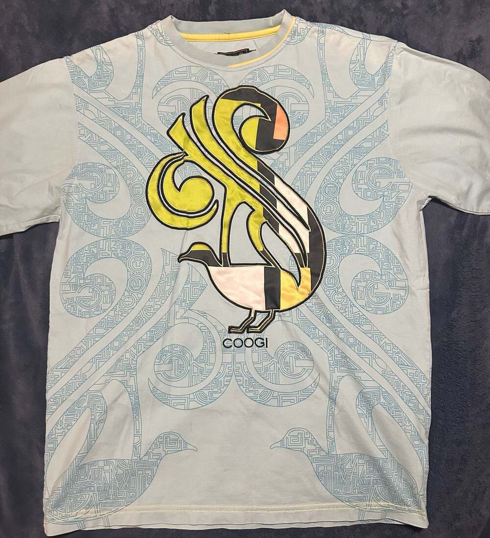 COOGI Light Blue Peacock Graphic Geometric Pattern T-Shirt Size XL